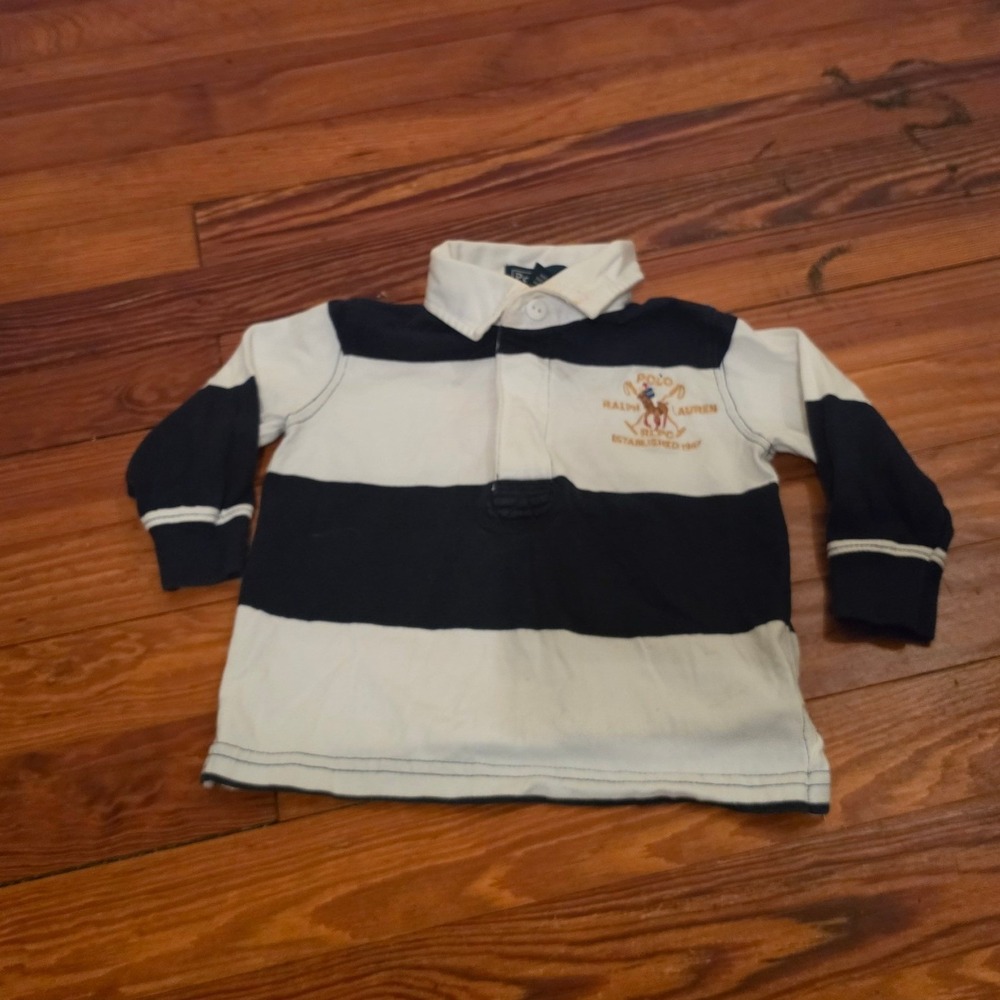 Polo Ralph Lauren Baby Boy 12M Navy White Striped Rugby Shirt Long Sleeve Crest